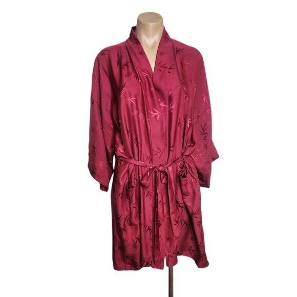 Vintage Jade Lantern Burgundy Silk Short Leaves Leaf Print Robe Size Large - Picture 1 of 10